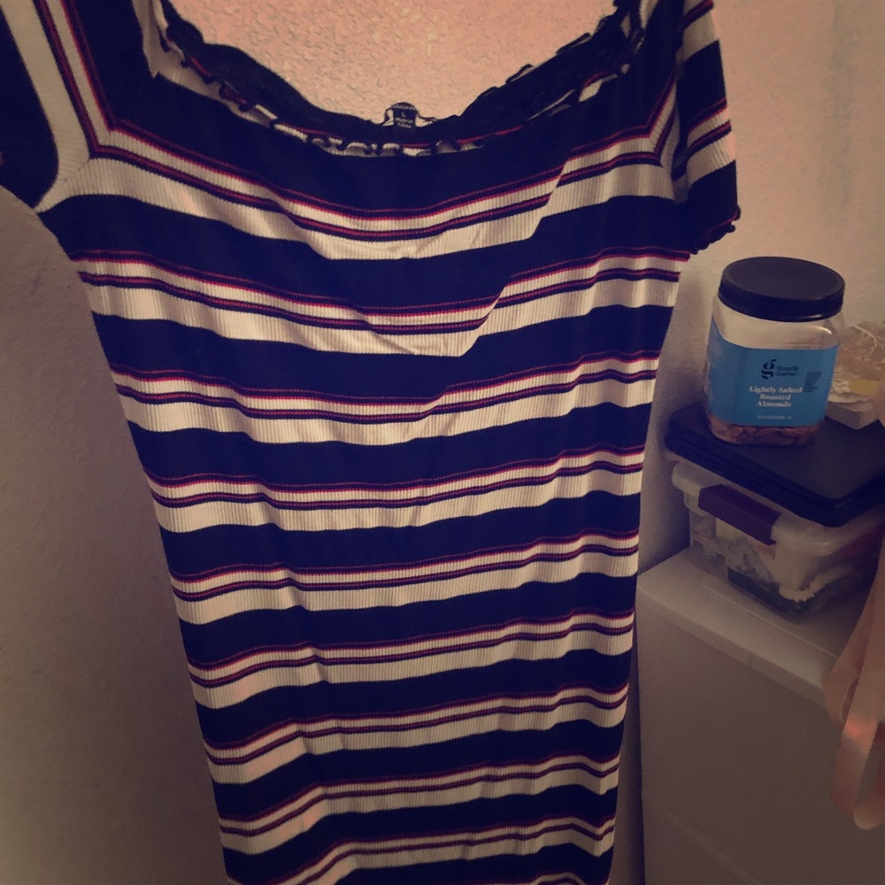 Off the shoulder striped dress.